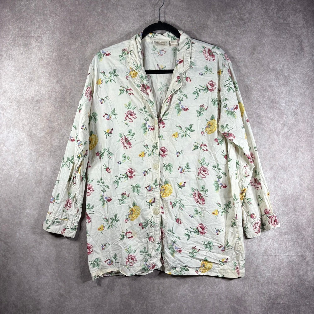 Vintage Victoria's Secret Gold Label‎ Pajama Top Medium White Floral Long Sleeve